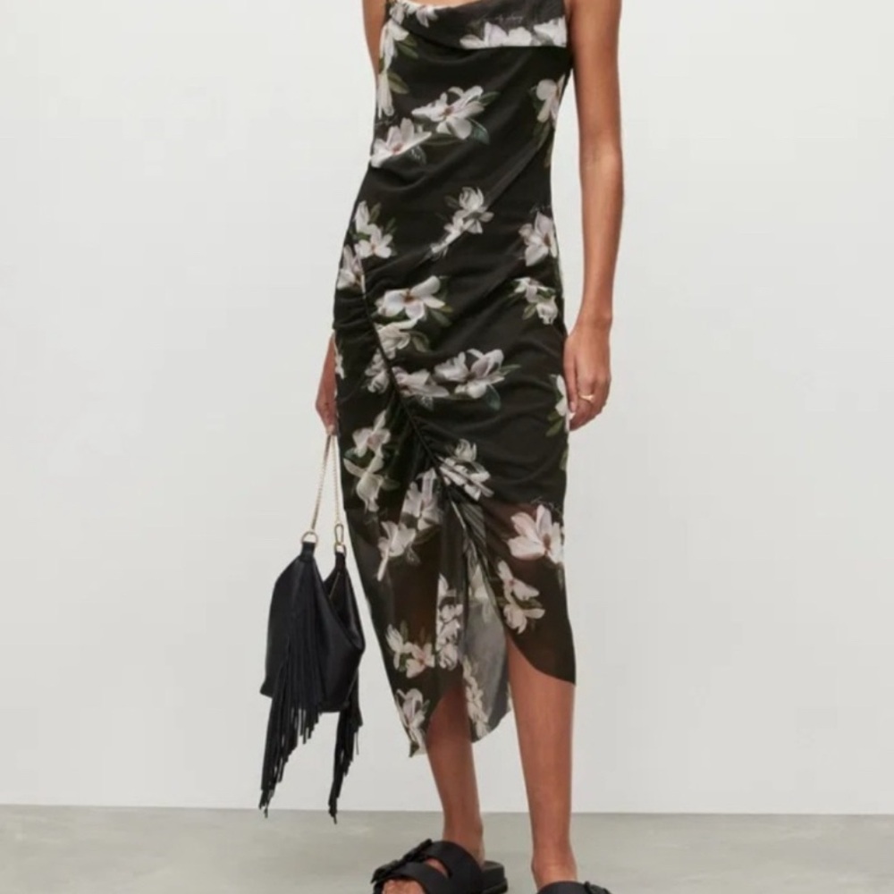 NWT All Saints Ulla Alessandra Midi Dress Ruched Bodycon Slit 4 Black Floral